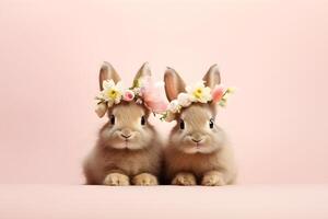 ai genererad porträtt av två söt kaniner med blomma kransar på rosa bakgrund. påsk kort. ai genererad foto