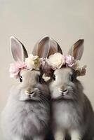 ai genererad porträtt av två söt kaniner med blomma kransar på grå bakgrund. påsk kort. ai genererad foto