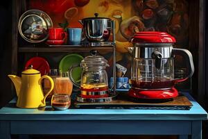 ai genererad Hem kaffe station - kaffe färgrik kaffe maskin, vattenkokare och koppar. ai genererad foto