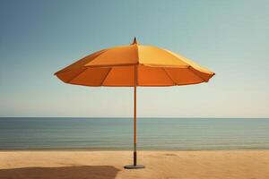 ai genererad orange retro parasoll paraply på de strand förbi de lugna hav. sommar semester begrepp. ai genererad foto