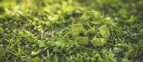 ai genererad en symbol av hållbarhet. en återvinning symbol inbäddat i grön gräs. foto