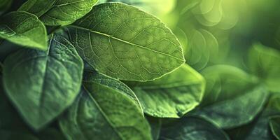 ai genererad närbild av grön blad bakgrund, natur lövverk abstrakt visa upp blad textur, idealisk för organisk grönska och naturlig produkt bakgrunder i företag och ekologi. foto