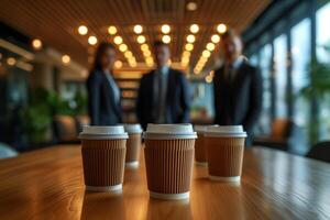 ai genererad företag människor stående runt om en tabell med kaffe foto