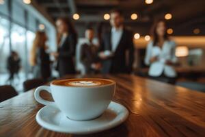 ai genererad företag människor stående runt om en tabell med kaffe foto