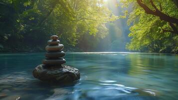 ai genererad balanserad sten konst förbi en berg flod under solljus foto