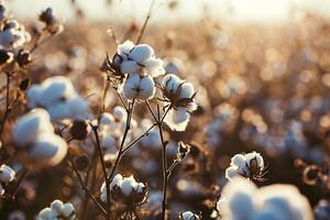 ai genererad bomull bruka under skörda säsong. fält av bomull växter med vit bollar. hållbar och miljövänlig öva på en bomull odla. organisk jordbruk. rå material för textil- industri. foto