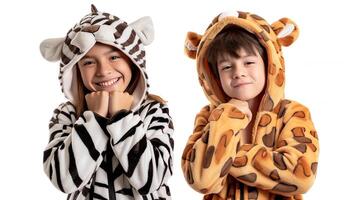 ai genererad liten pojke och flicka i pyjamas zebra och giraff. foto