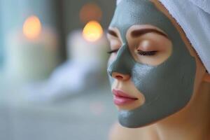 ai genererad skön ung kvinna med ansiktsbehandling mask på spa salong, närbild. foto