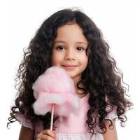 ai genererad förtjusande liten flicka med lockigt hår innehav en bomull godis. foto