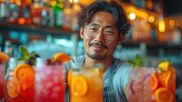 ai genererad asiatisk man arbetssätt i bar framställning färgrik cocktail skott i bar foto