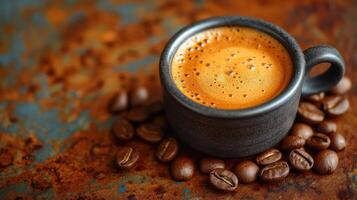 ai genererad espresso kaffe kopp med kaffe bönor på en årgång tabell ,kopiera Plats. foto