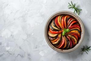 ai genererad traditionell franska ratatouille med tomater, äggplanta och zucchini, topp se, kopia Plats foto