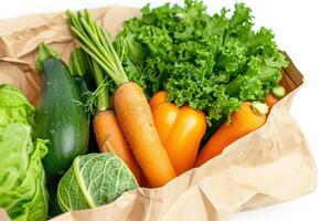 ai genererad grönsaker, örter, sallad, organisk producera eco förpackning, återvinningsbar eco väska, hållbar handla foto