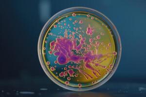 ai genererad petri maträtter med bakteriell kolonier kultur på agar plattor i laboratorium foto