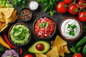 ai genererad avokado baserad dips, guacamole, salsa, yoghurt, tortilla pommes frites, grönsaker foto