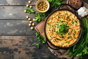 ai genererad hummus dopp med kikärt, persilja, oliv olja, pita pommes frites foto