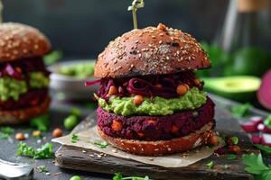 ai genererad vegan beta kikärt hamburgare med grönsaker, guacamole foto