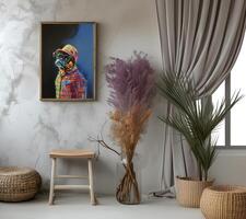 ai genererad design en chic och eleganta rum bild. dekorerad med skön bild ramar och målningar. foto