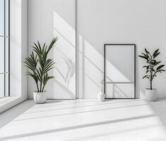 ai genererad minimalistisk rum terar ett tömma ram, lugn i enkelhet. foto
