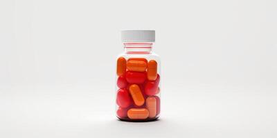 ai genererad röd hälsa tabletter och kapslar i farmaceutisk flaska. wellness och näring begrepp på vit bakgrund med kopia Plats foto