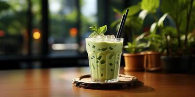 ai genererad iced matcha med iced kuber. kall grön te med mjölk i lång glas. friska organisk dryck med plast sugrör. Häftigt utsökt dryck på tabell. foto