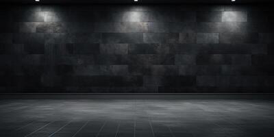 ai genererad tömma loft studio med svart tegel vägg, spotlights och bricka golv. industriell dekoration foto