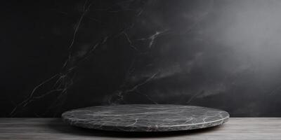 ai genererad marmor produkt visa piedestal. podium i mörk tömma studio. svart runda skede. abstrakt sten textur svart bakgrund foto