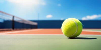 ai genererad tennis domstol med gul tennis boll närbild. konkurrenskraftig sport spel, blå himmel på bakgrund. Träning, match, konkurrens foto