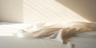 ai genererad skrynkliga beige textil- i mjuk solljus. elegant Linné tyg. neutral bakgrund. generativ ai foto