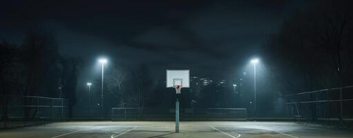 ai genererad utomhus- basketboll domstol på natt belyst förbi över huvudet lampor, urban bakgrund. generativ ai foto