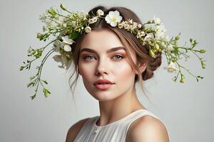 ai genererad en ung brunett kvinna med en frisyr av vår blommor i henne hår på en vit fast bakgrund. feminin skönhet porträtt, smink, frisyr, frisör, feminin energi foto