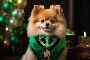 ai genererad en ingefära hund av de tysk spets ras i en grön kostym med klöver för de st. Patricks dag Semester. kläder för små raser av hundar, fest. ai genererad foto