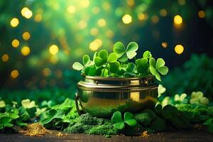 ai genererad bakgrund av grön klöver och guld damm för st. Patricks dag. patrick dag baner. ai genererad foto