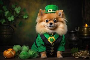 ai genererad en ingefära hund av de tysk spets ras i en grön kostym med klöver för de st. Patricks dag Semester. kläder för små raser av hundar, fest. ai genererad foto