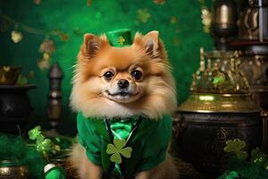 ai genererad en ingefära hund av de tysk spets ras i en grön kostym med klöver för de st. Patricks dag Semester. kläder för små raser av hundar, fest. ai genererad foto