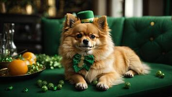 ai genererad en ingefära hund av de tysk spets ras i en grön kostym med klöver för de st. Patricks dag Semester. kläder för små raser av hundar, fest. ai genererad foto