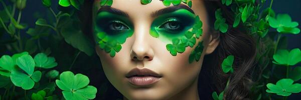 ai genererad smink och frisyr av en ung kvinna i grön med klöver löv för st. Patricks dag. närbild skönhet porträtt. ai genererad foto
