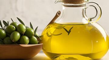 gyllene elixir avtäckt, en kulinariska arbete av konst med glas kanna och doftande oliv olja flaska foto