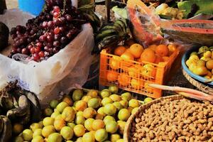 citrus- frukt, vindruvor och nutes är såld i traditionell marknadsföra foto
