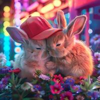 ai genererad två kaniner bär färgrik hattar kramas varje Övrig i en fält av blommor. foto