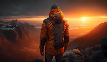ai genererad vandrare bär ett orange jacka står på en klippa tittar på de solnedgång. foto