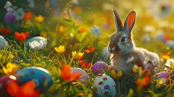 ai genererad påsk kanin och färgrik ägg i de gräs med blommor foto