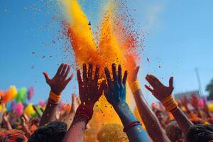 ai genererad folkmassan kasta ljus färgrik pulver måla i de luft. Lycklig hindu indisk människor fira holi festival dahan. foto