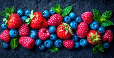 ai genererad färsk jordgubbar och blåbär - ai genererad bild foto