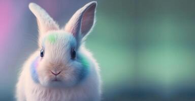 ai genererad fluffig påsk kanin i färgad fläckar på en lutning bakgrund. ai genererad. foto