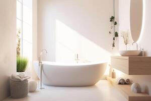 ai genererad design av en modern badrum interiör, dusch stuga med toalett, handfat i ljus färger. foto