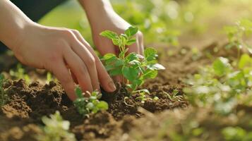 ai genererad händer till växt plantor. kopia Plats. ai genererad. foto