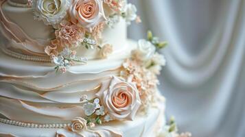 ai genererad elegant bröllop kaka med pastell rosor. ai genererad. foto