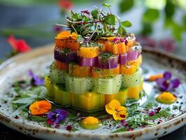 ai genererad en vegetabiliska terrin, skiktad med vibrerande nyanser och accentuerad med mikrogrönsaker och ätlig blommor. generativ ai. foto