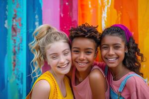 ai genererad tre ung vänner dela med sig en spontan, glädjefylld ögonblick i främre av en vibrerande, färgstrimmig bakgrund. generativ ai. foto